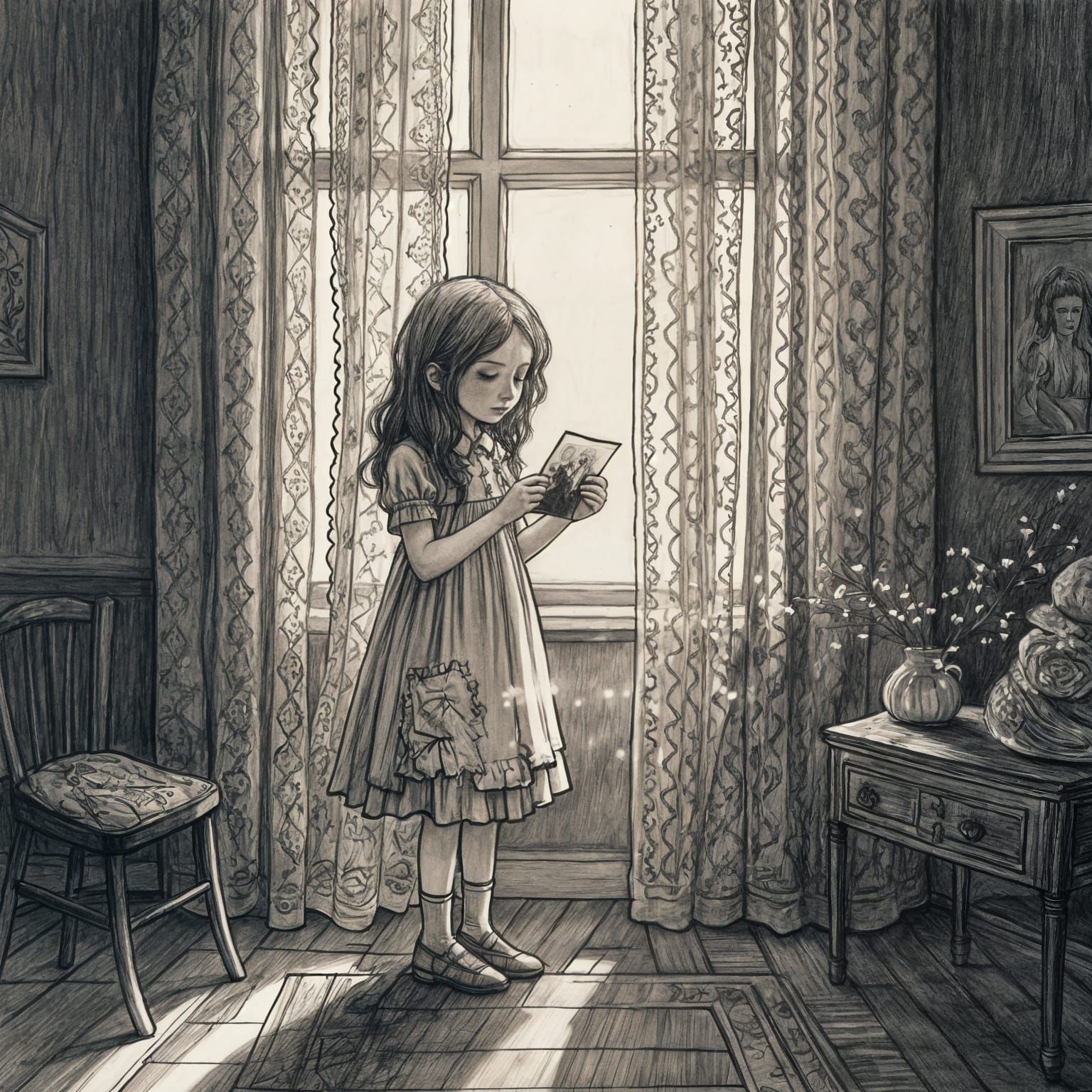 Girl in Sunlit Room Holding Photograph: Delicate Pencil Sket...