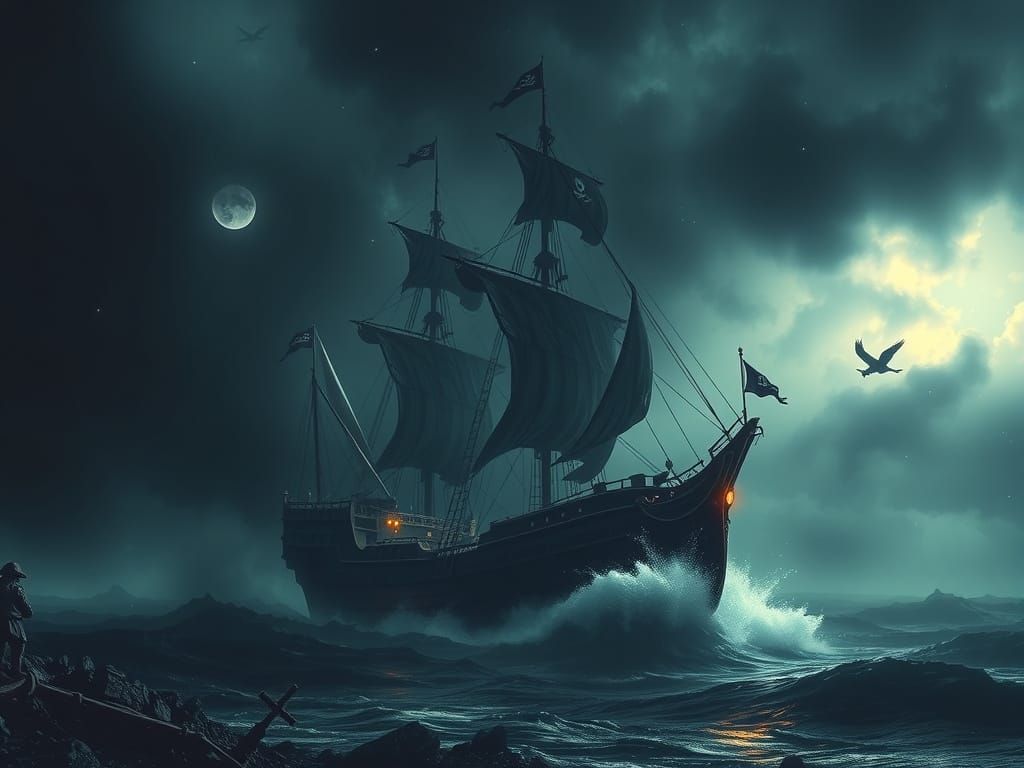 Ghostly Pirate Ship Emerges from Stormy Darkness