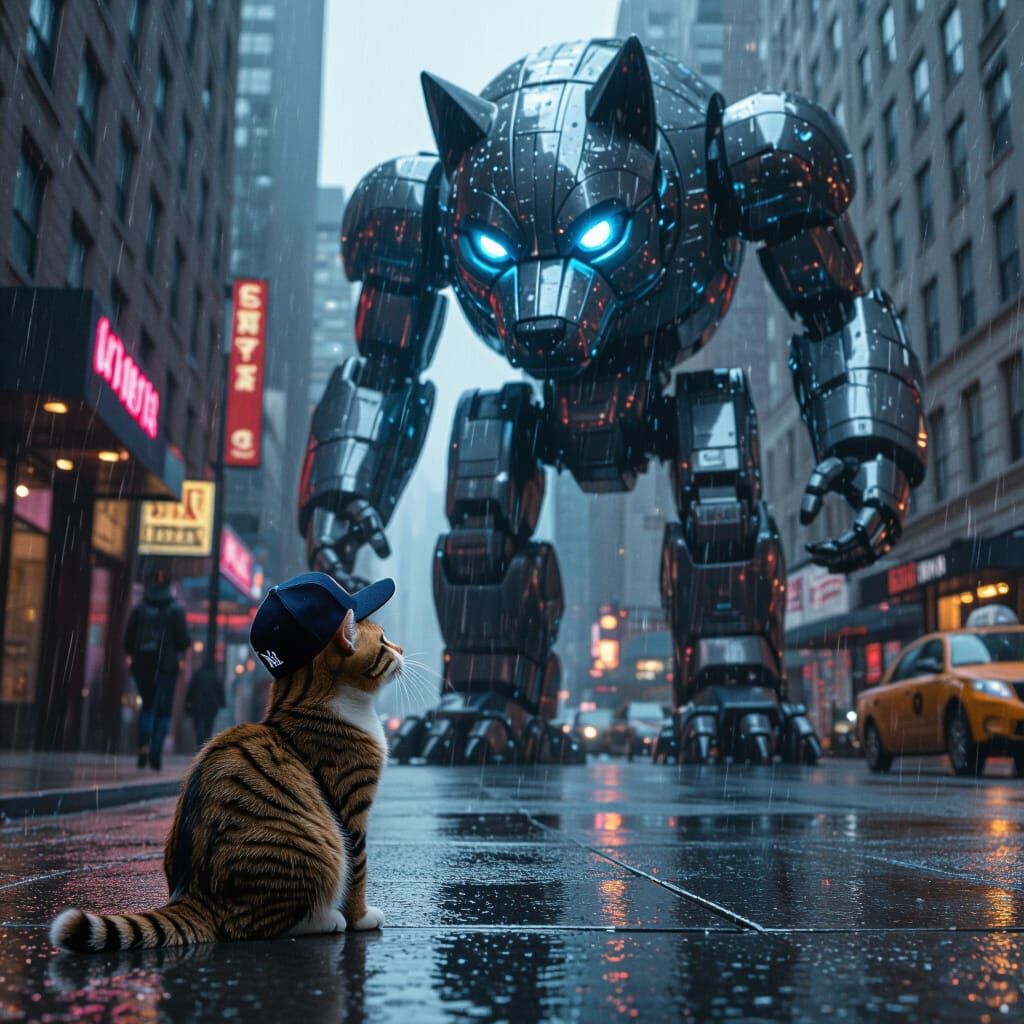 Giant Mech Dog Meets Cat in Rainy Manhattan