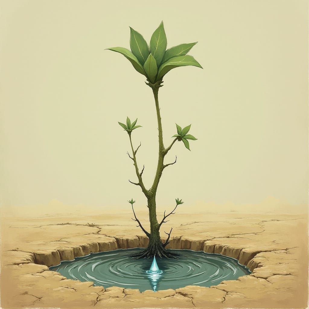 A Withered Plant Stretches for Water in a Desolate Drought L...