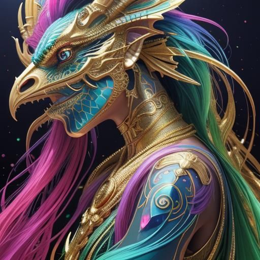 Rainbow Serpent Woman Portrait in Cel-Shaded Style