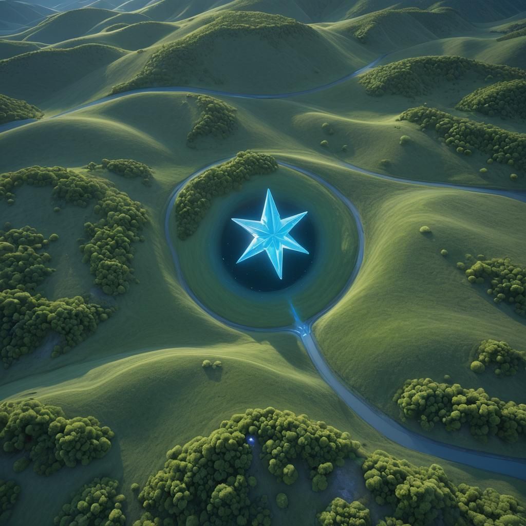 Ethereal Blue Star in Fluorescent Landscape, Digital Art