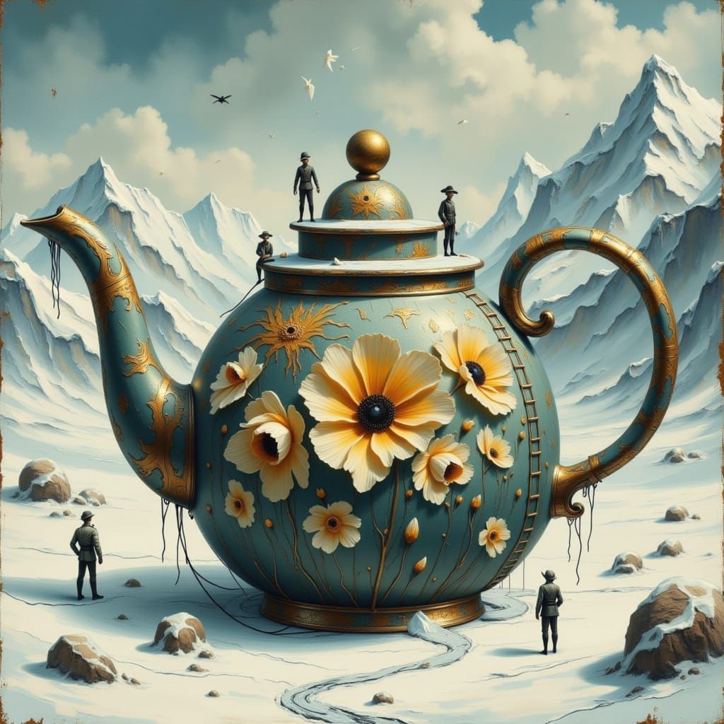 Giant Flowery Teapot in Snowy Valley