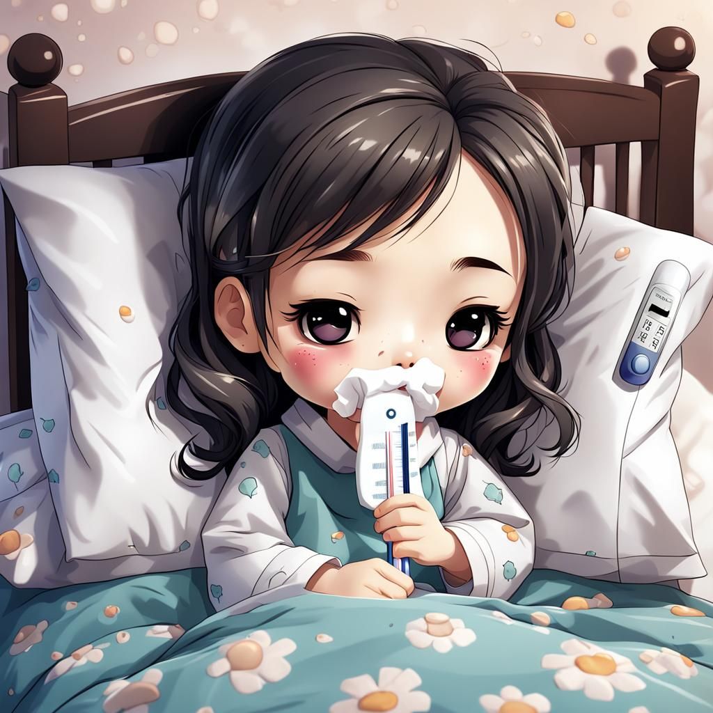 Adorable chibi little girl with black eyes in bed sick
