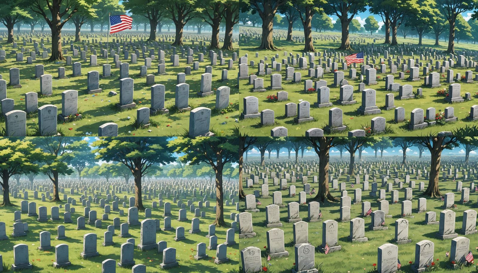 Cemetery Scene with American Flags in Anime Style