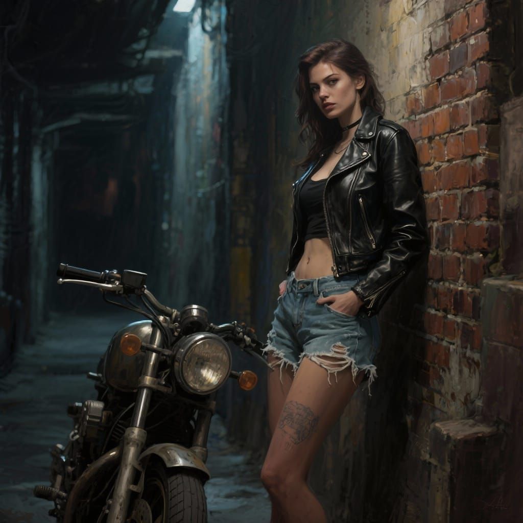 Glamorous Biker Woman Leaning on Vintage Motorcycle