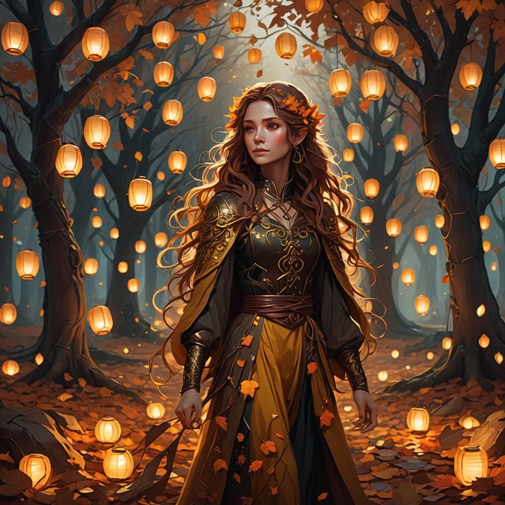 Autumn Fae in Anime Style With Glowing Lanterns