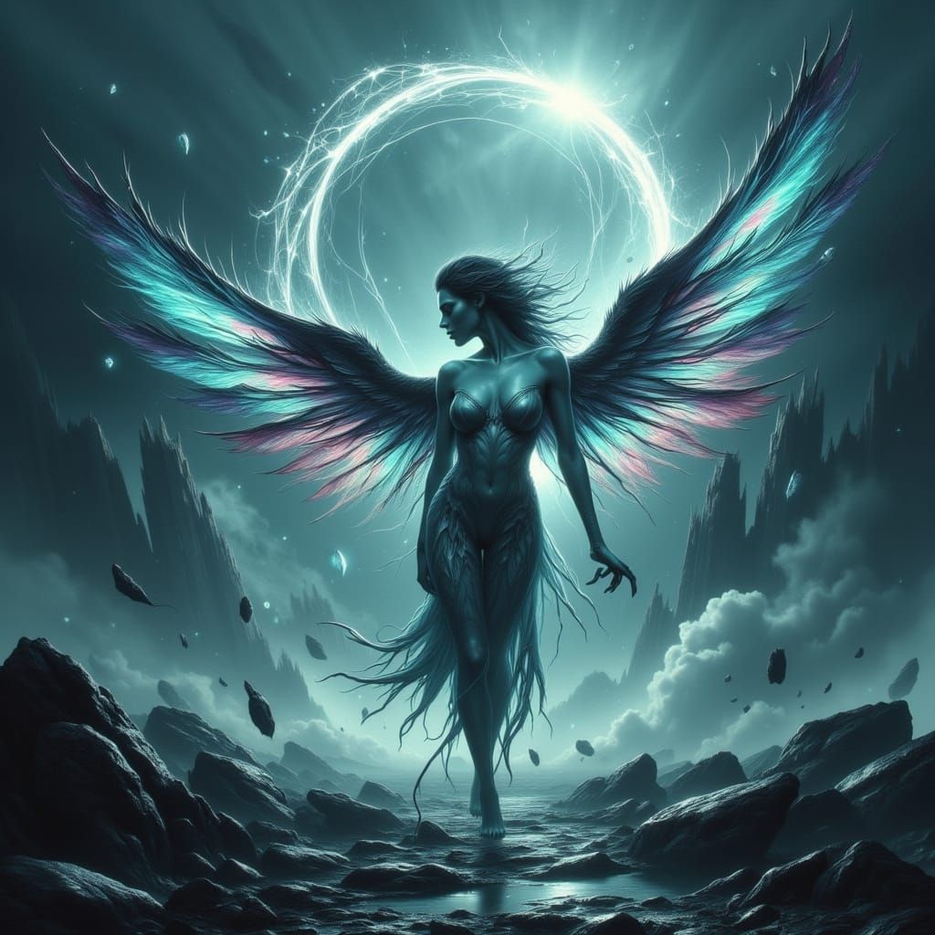 Powerful Angel With Shimmering Wings in Dark Fantasy Style