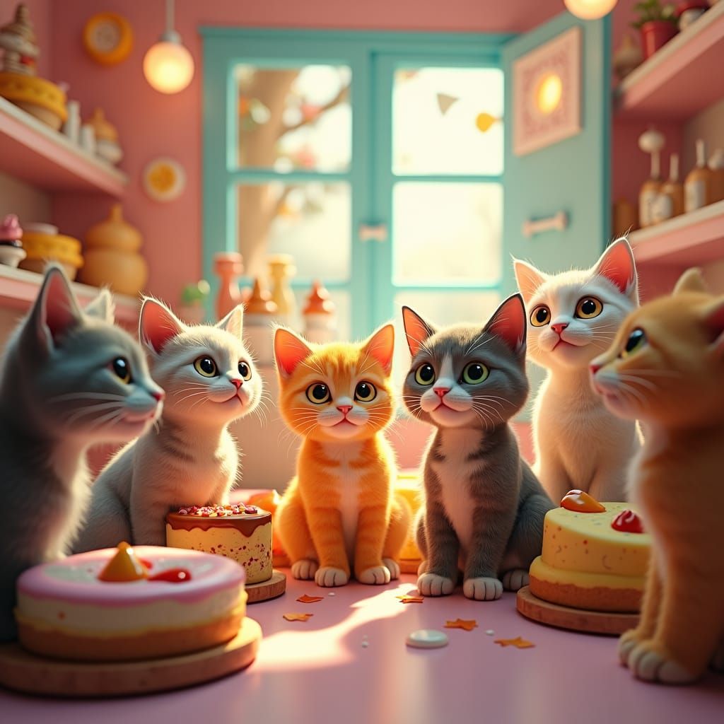 Cats' Cheesecake Extravaganza in Detailed Hyperrealism