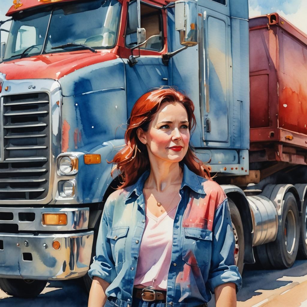 Woman and Her Truck: Watercolor Impasto Illustration