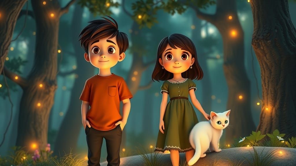 Magical Forest Clearing with Children, in 3D Style