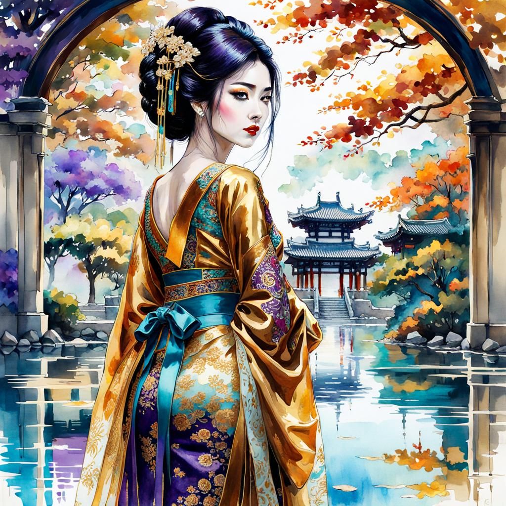 Geisha in Autumn Garden with Mirrored Reflection