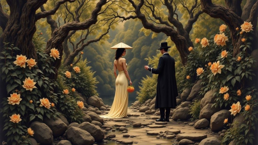 Futuristic Woman Strolling Through a Field of Blooming Flowe...