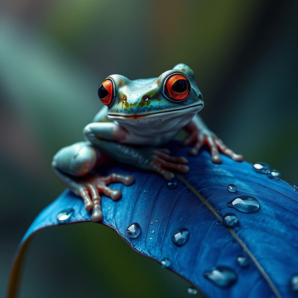 Hyperrealistic Rain Frog on a Blue Leaf in High-End Fantasy...