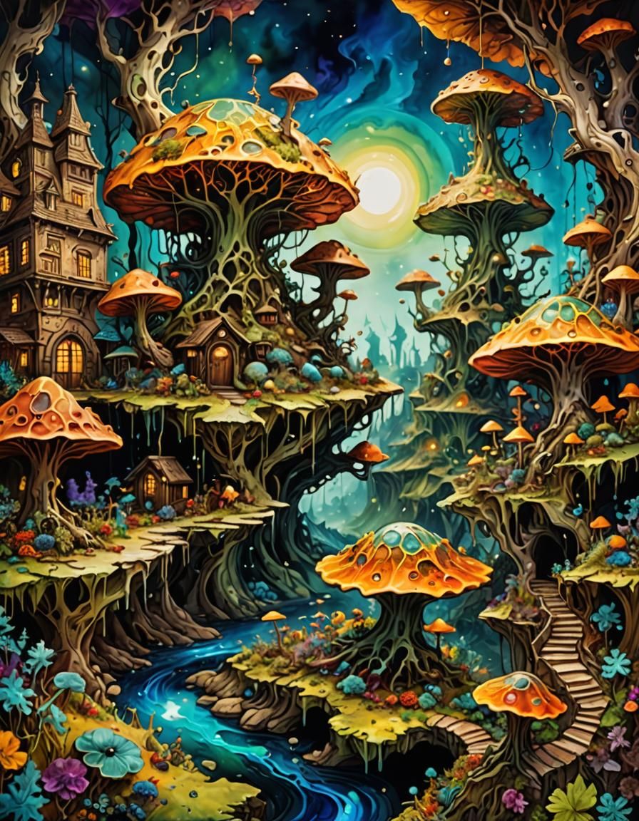 Surreal Alcohol Ink Landscape With Crawling Creatures