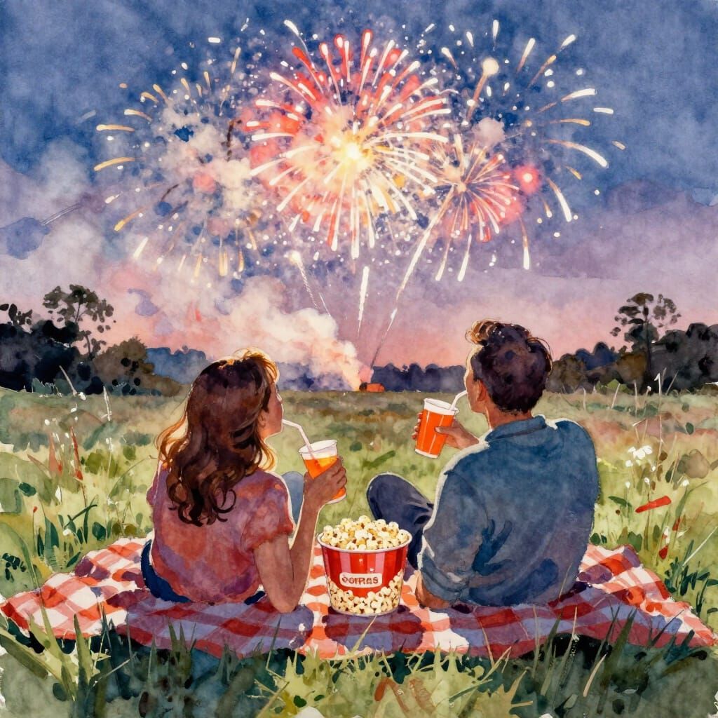 Couple Enjoys Fireworks While Eating Popcorn and Drinking So...
