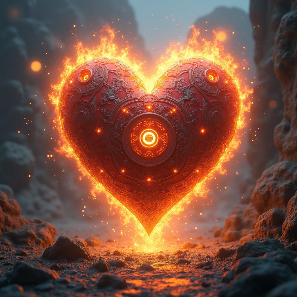 Flaming Heart in Dreamlike Fantasy Landscape