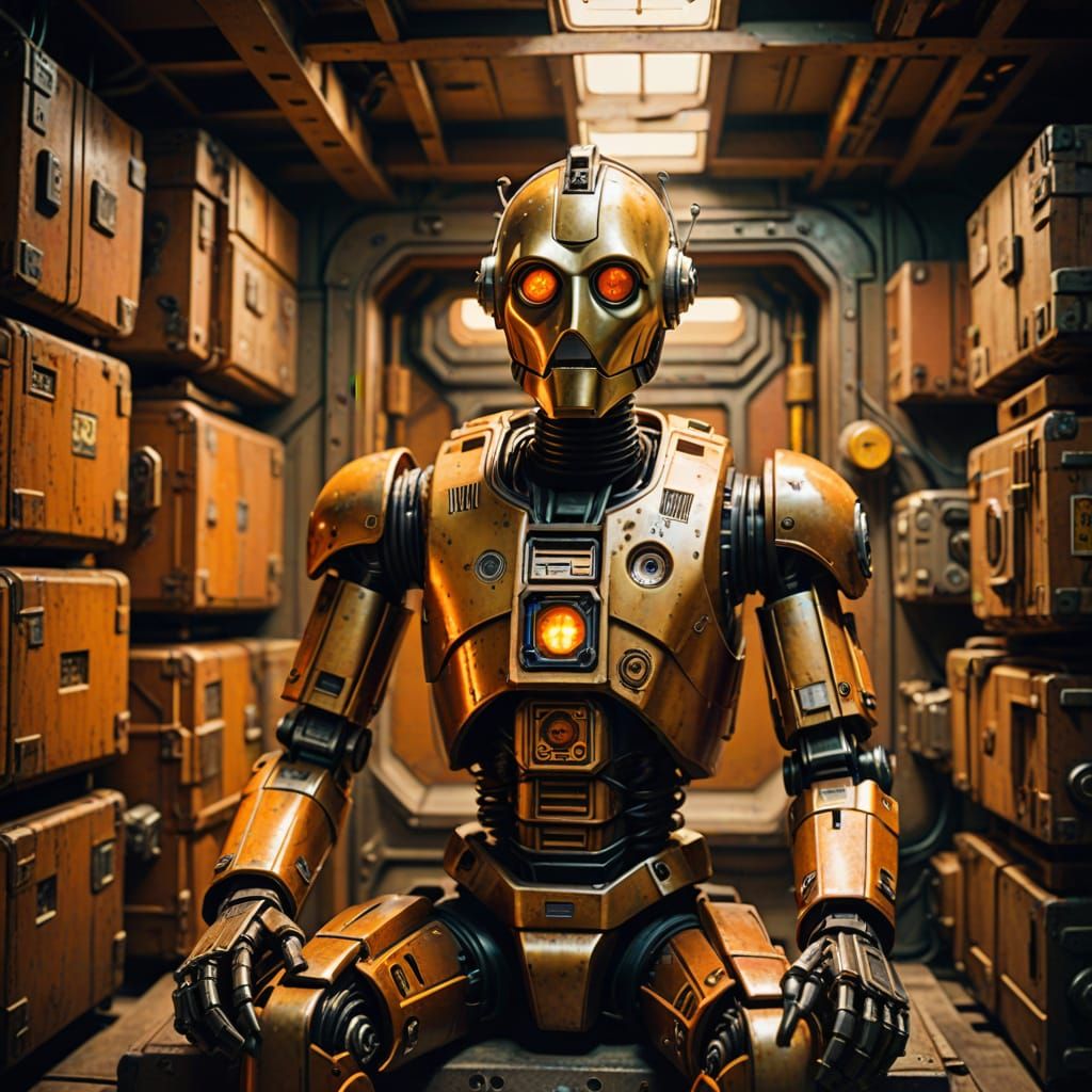 A Retro Science Fiction Robot in a Rusty Cargo Hold