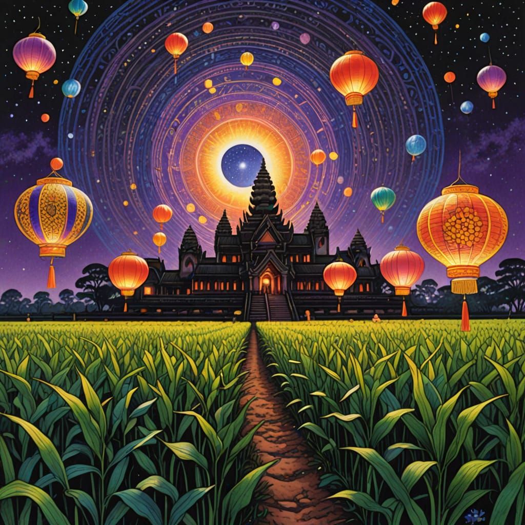 Angkor Wat with Lanterns and Cosmic Crop Circle