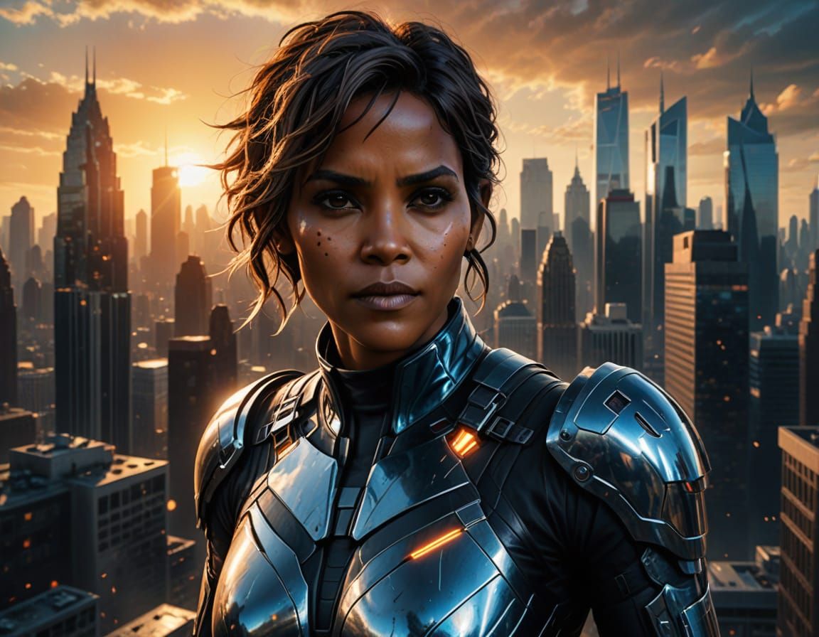 Halle Berry as Futuristic Superhero in Urban Cityscape