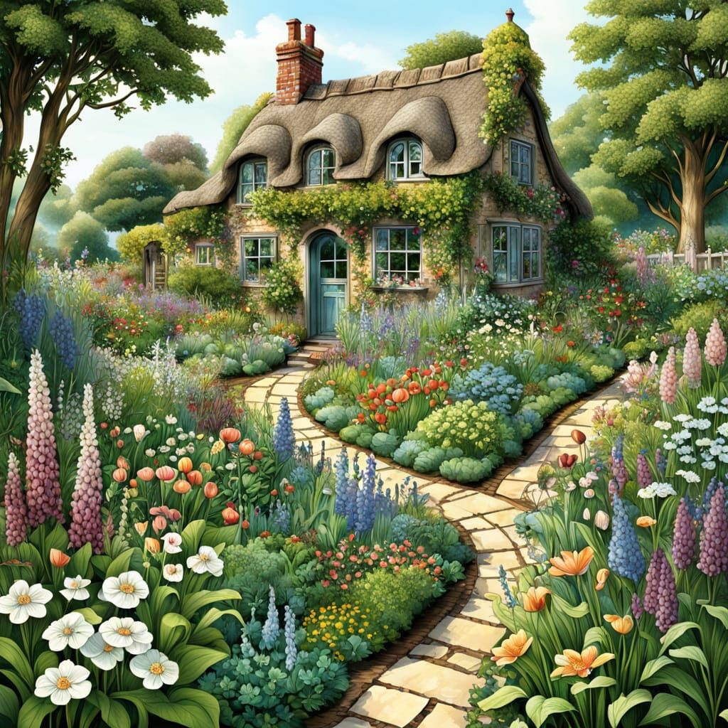 Ornate Botanical Infographic of a Cottage Garden