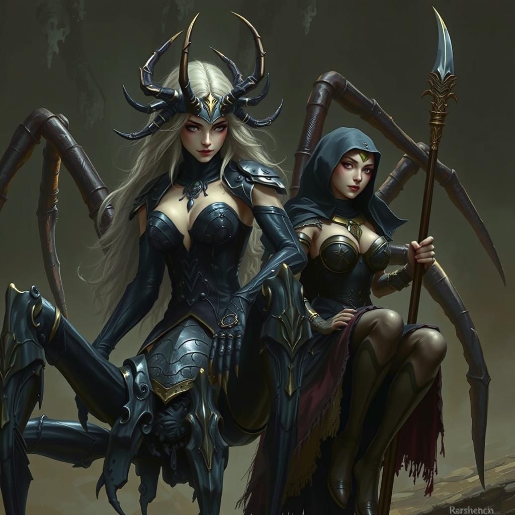 Arachne and Drow Rider in Dark Cavern