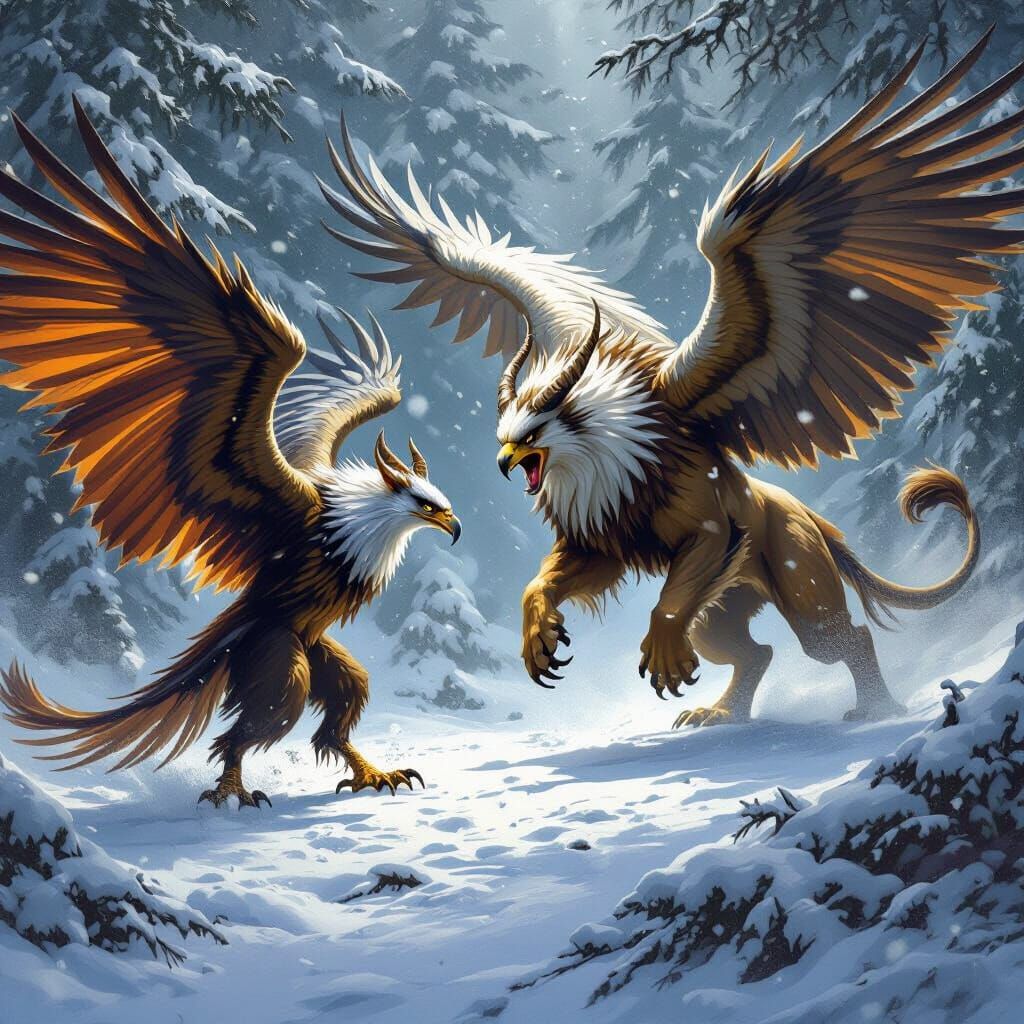 Wyvern vs Gryphon in Snowy Forest Fantasy Art