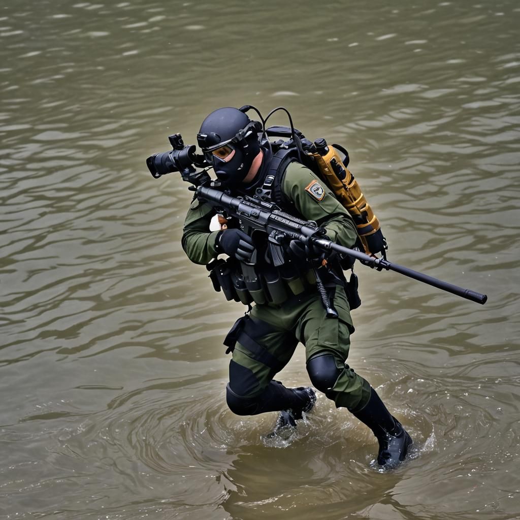 Combat Diver with Grappling Gun on Rescue Mission