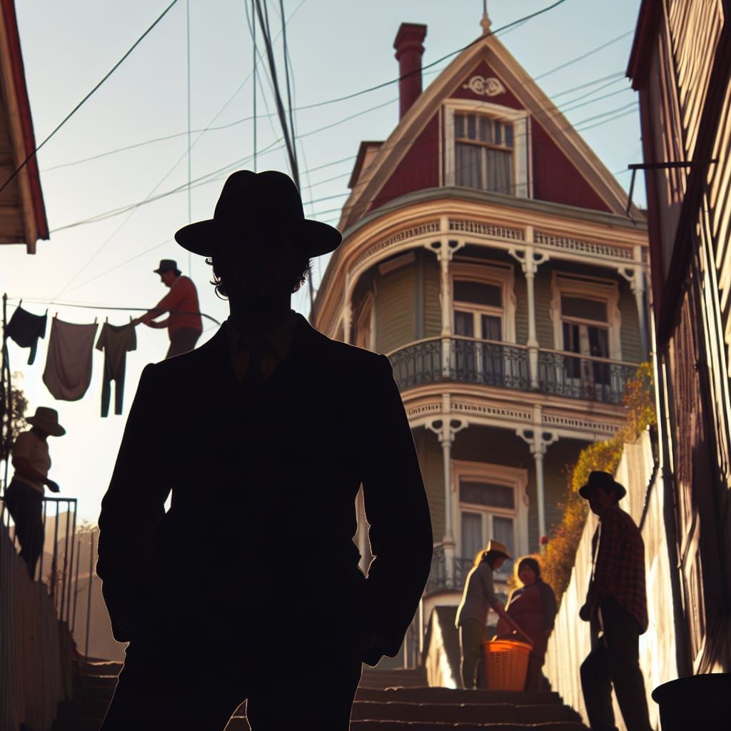 Silhouette in Valparaiso: Victorian Houses and Warm Light