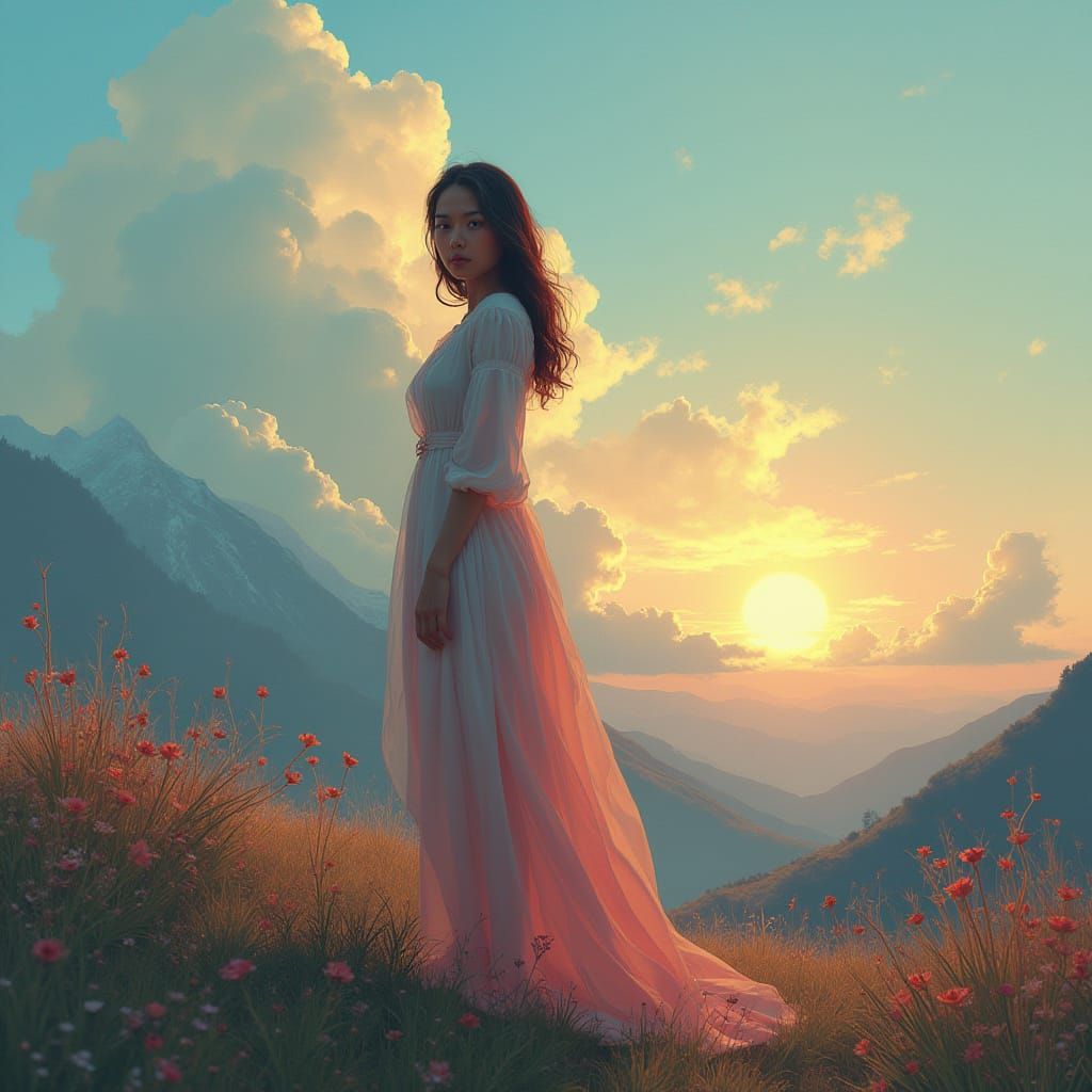 Elegant Young Woman in Serene Landscape