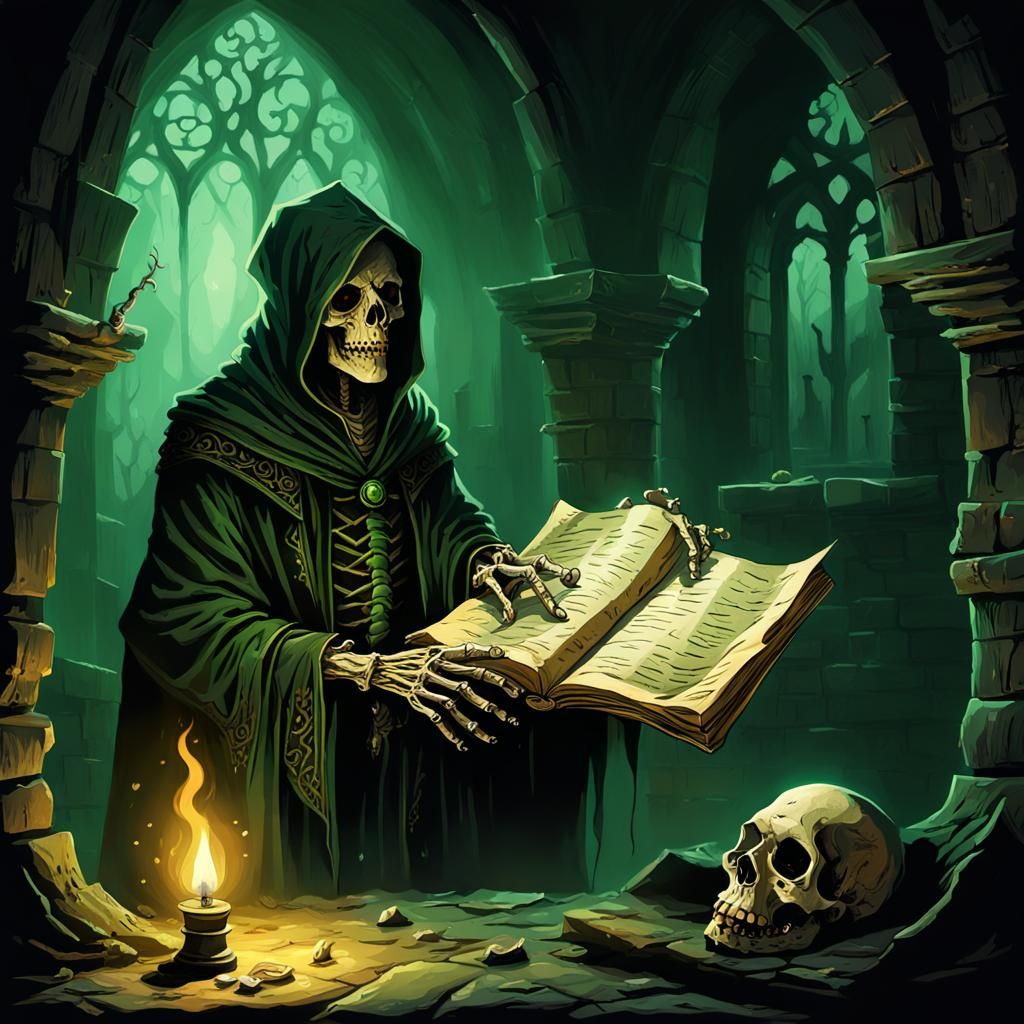 Eerie Green Skeletal Hand Opens Ancient Scroll