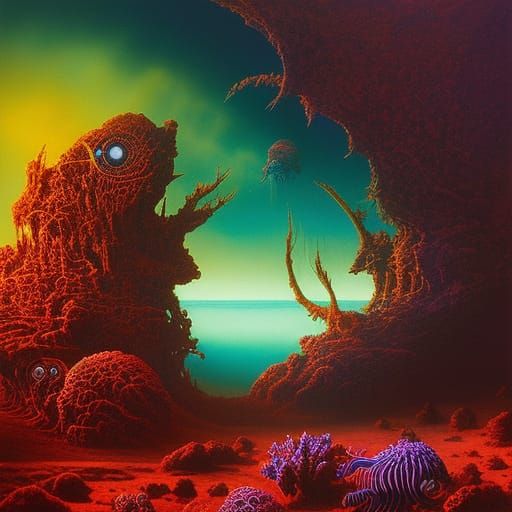 Alien Aquatic Life in Dark Psychedelic Horror Style
