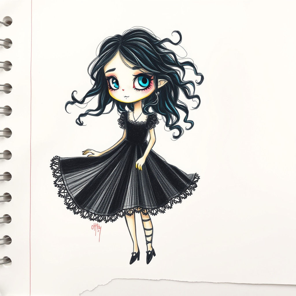 Whimsical Goth Girl: Expressive Colored Pencil Sketch