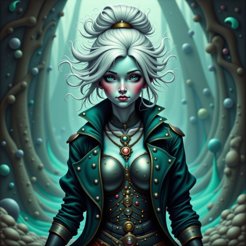 Air Genasi Pirate Woman with Ice Blue Eyes in Frazetta Style