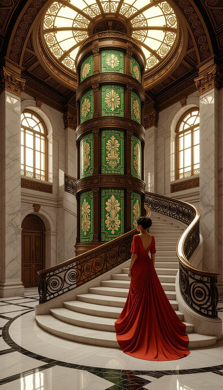 Art Nouveau Elevator with Flowing Terracotta Dress