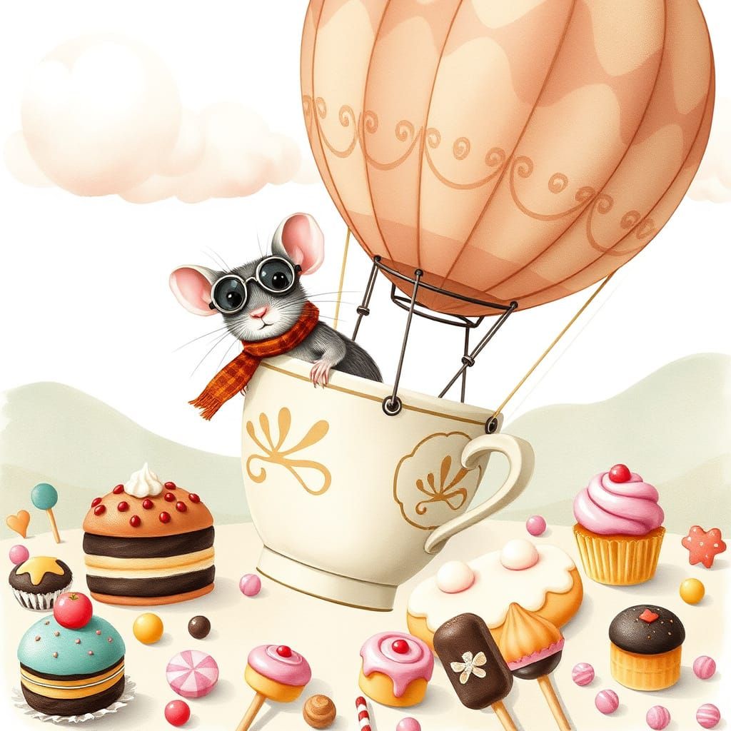 Mouse Pilots Coffee Cup Balloon Over Candy Land