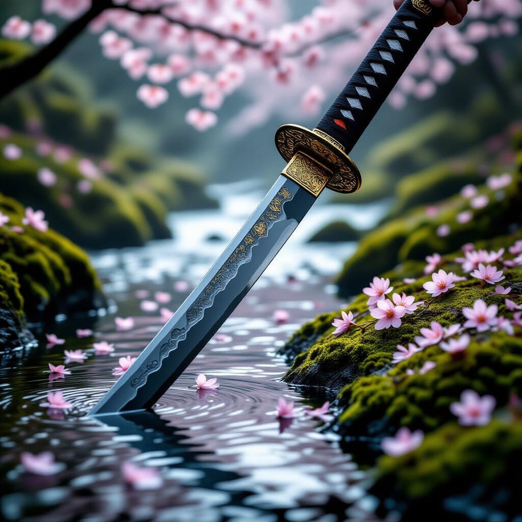 Ornate Katana in Mossy Soil with Sakura Petals