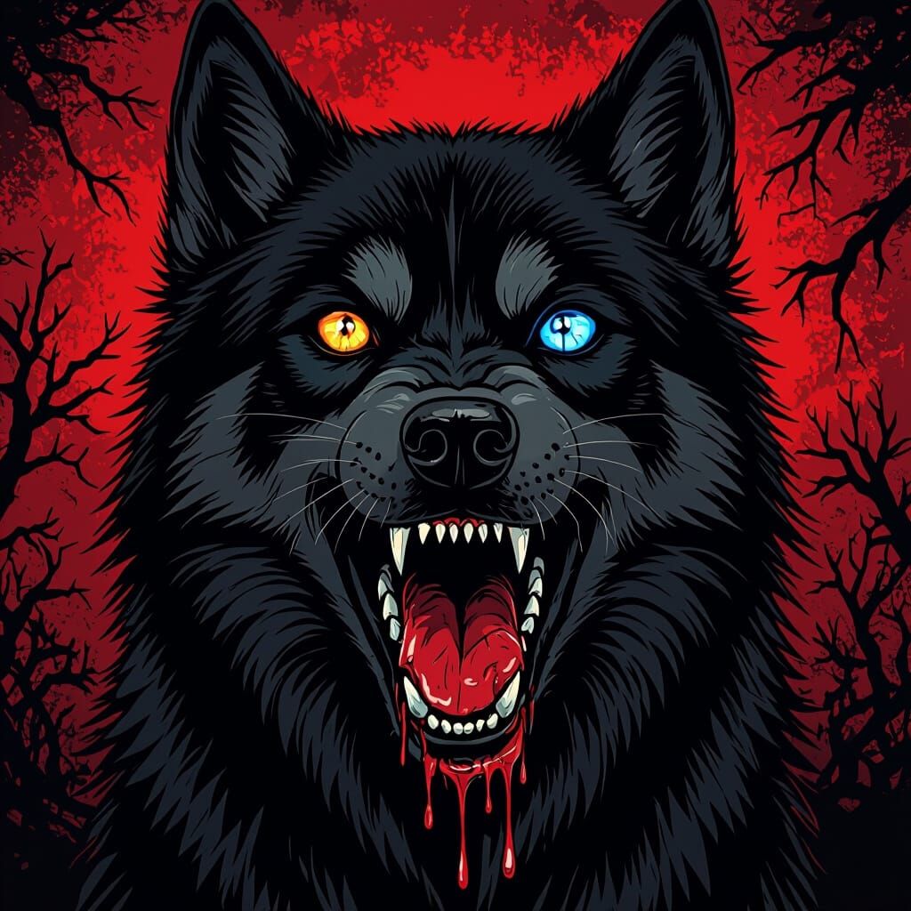 Eerie Black Husky in Horror Graphic Art Style