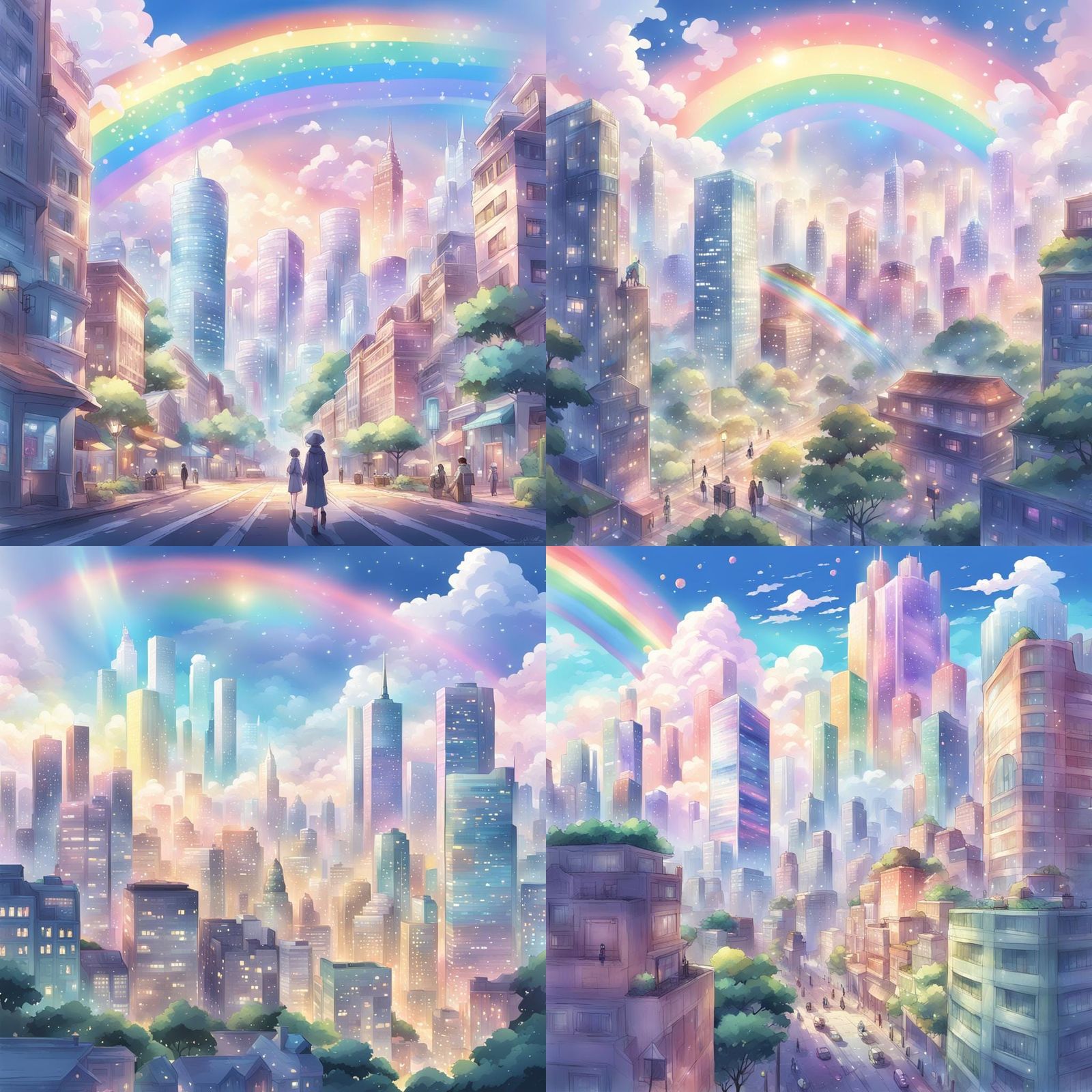 Pastel Anime Cityscape with Rainbow
