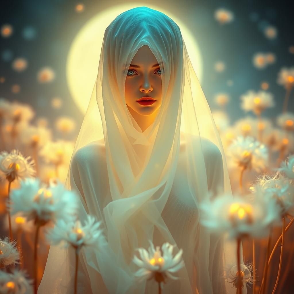 Ethereal Woman in Dandelion Dreamscape, Surreal Portrait