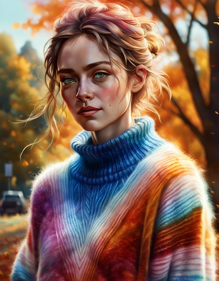 Gorgeous Woman in Striped Sweater, Digital Illustration