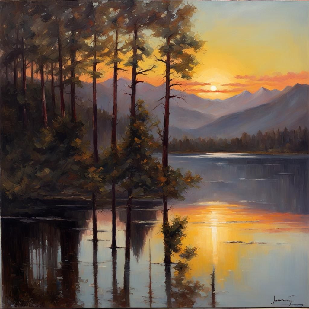 Tranquil Sunrise Over Lake in Oil Painting Style