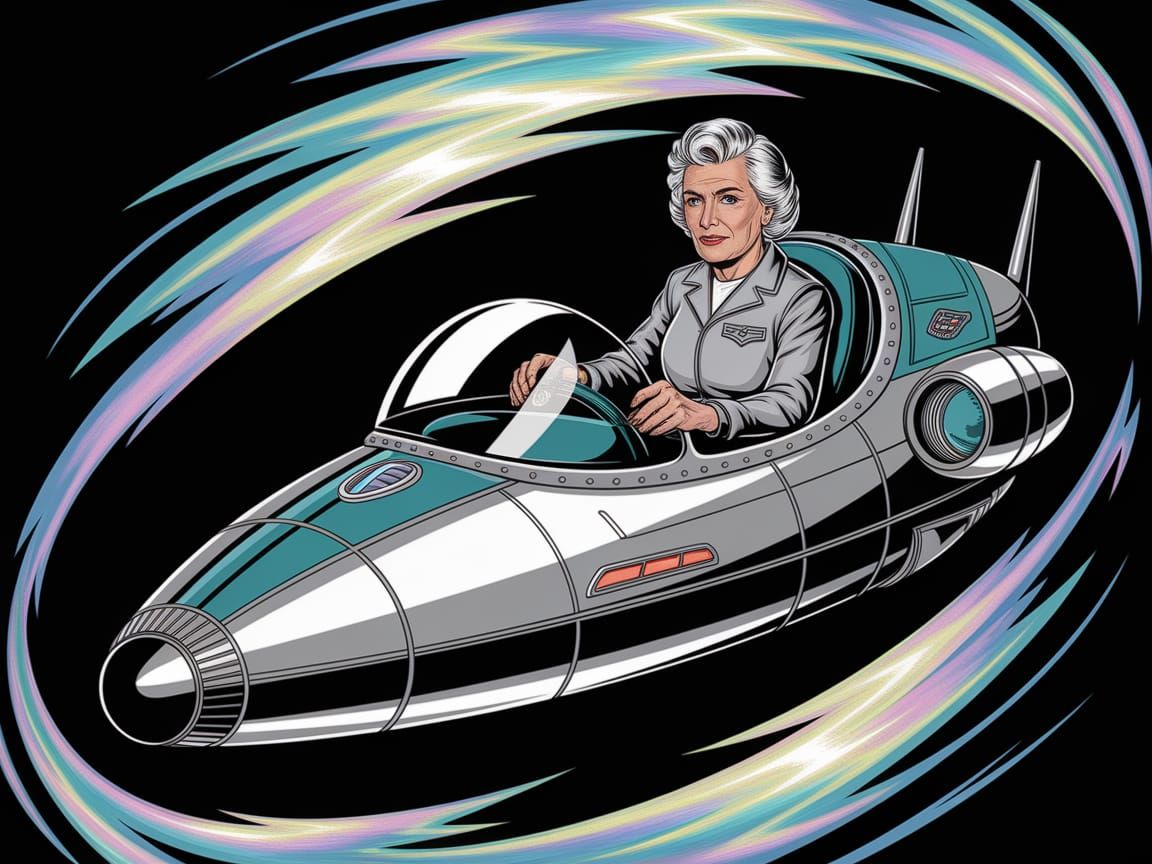 Elderly Woman Piloting Spaceship Through Nebula in Retro Sci...
