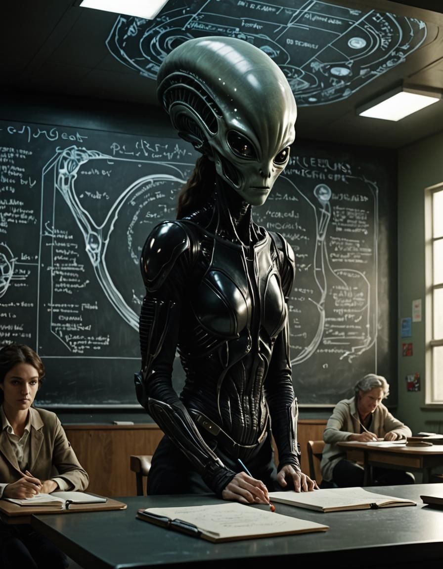 Alien Teacher in Futuristic University Classroom