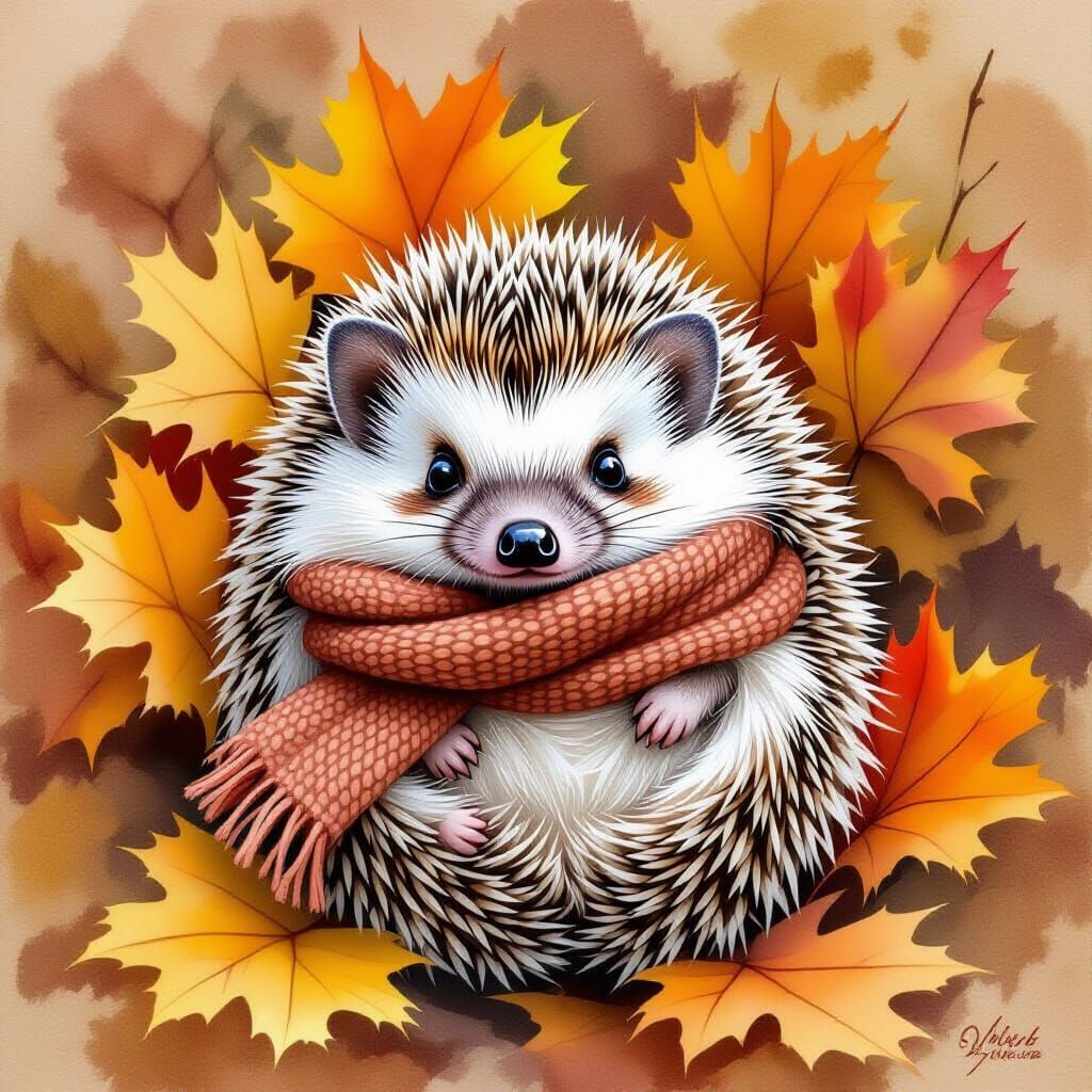 Hedgehog in Autumn Leaves, Watercolor Painting