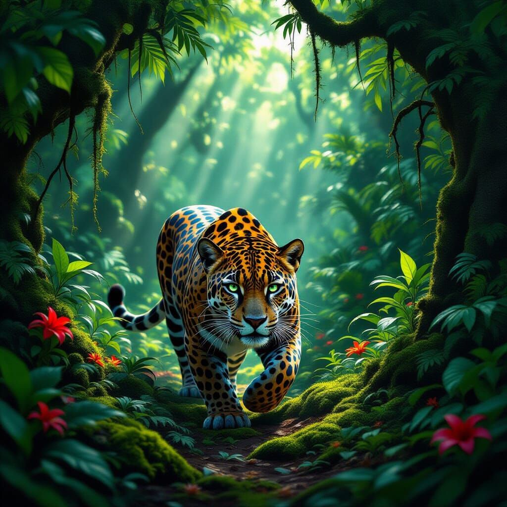Majestic Jaguar in Lush Jungle Shadows