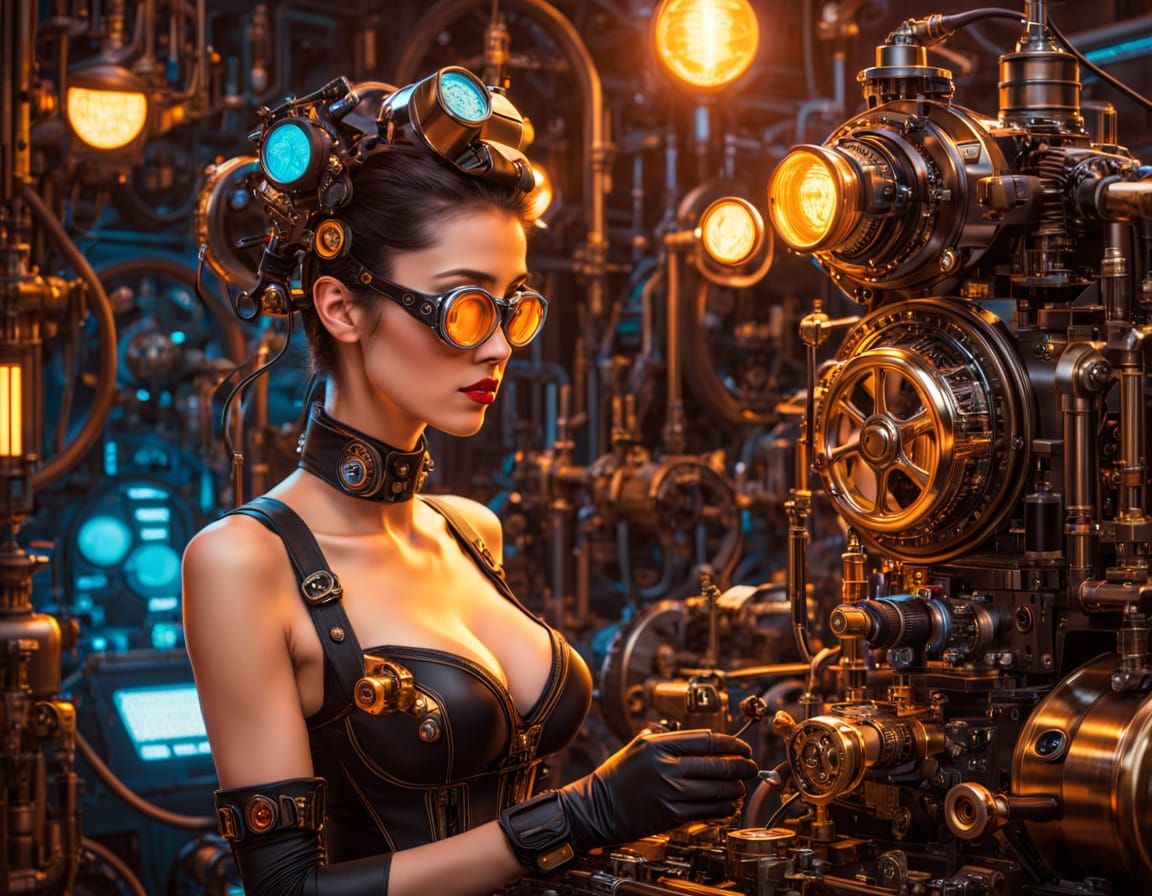 Steampunk Inventress Assembles Futuristic Machine