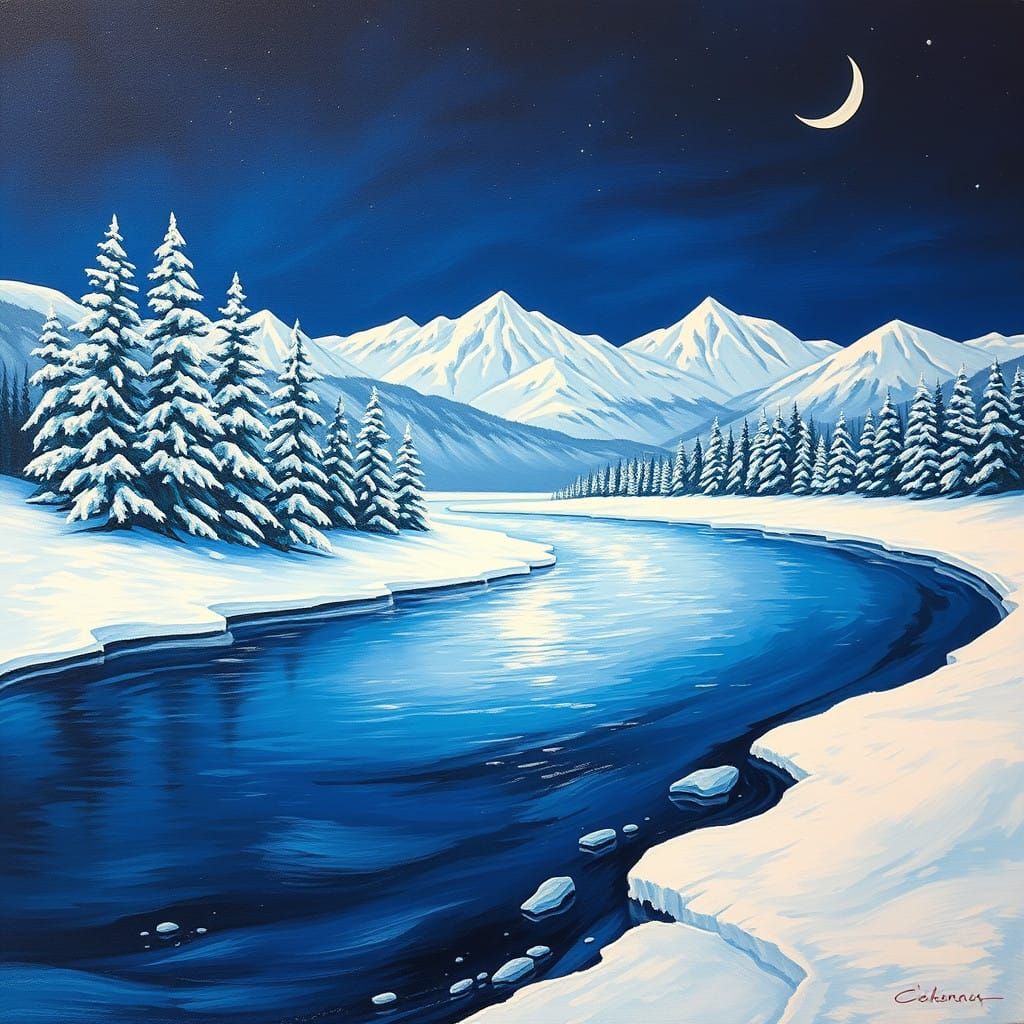 Serene Winter Wonderland Landscape in Neo-Expressionist Oil....