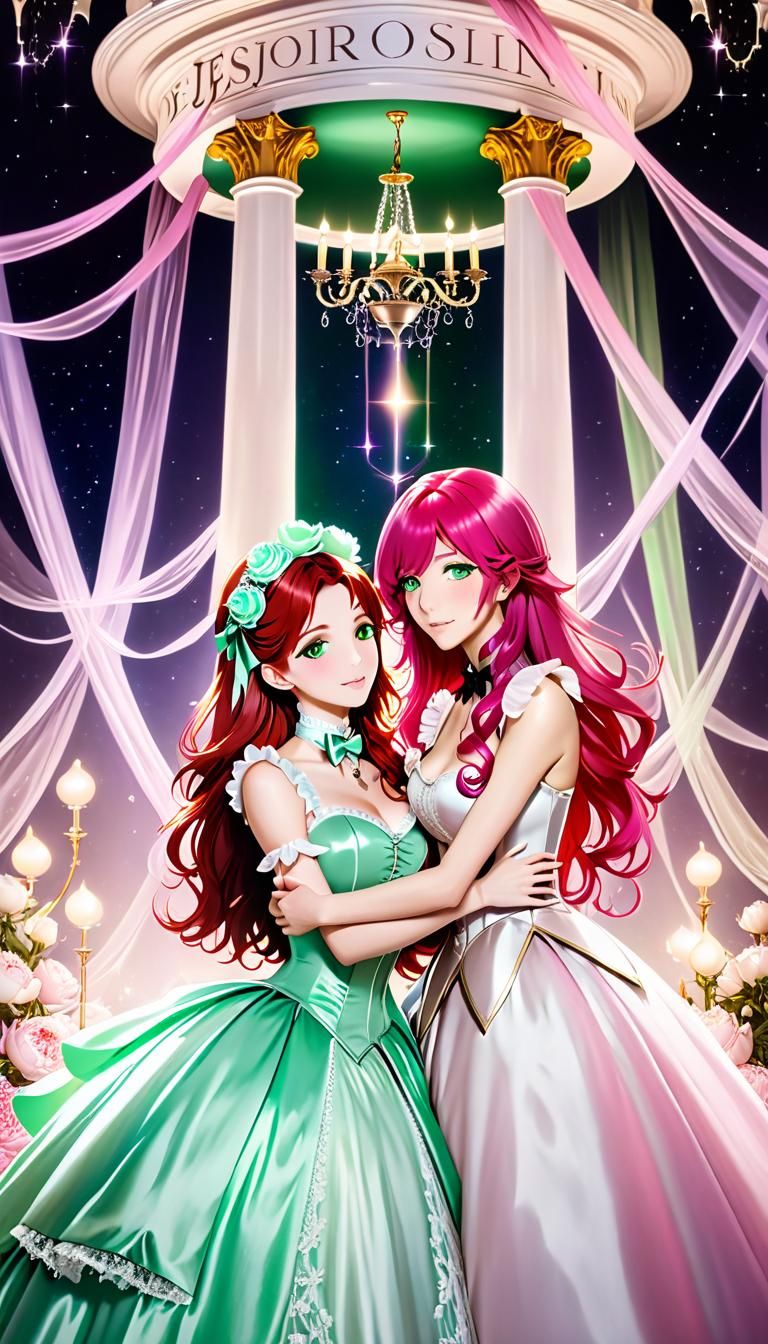 Anime Women in Ballgowns Embrace