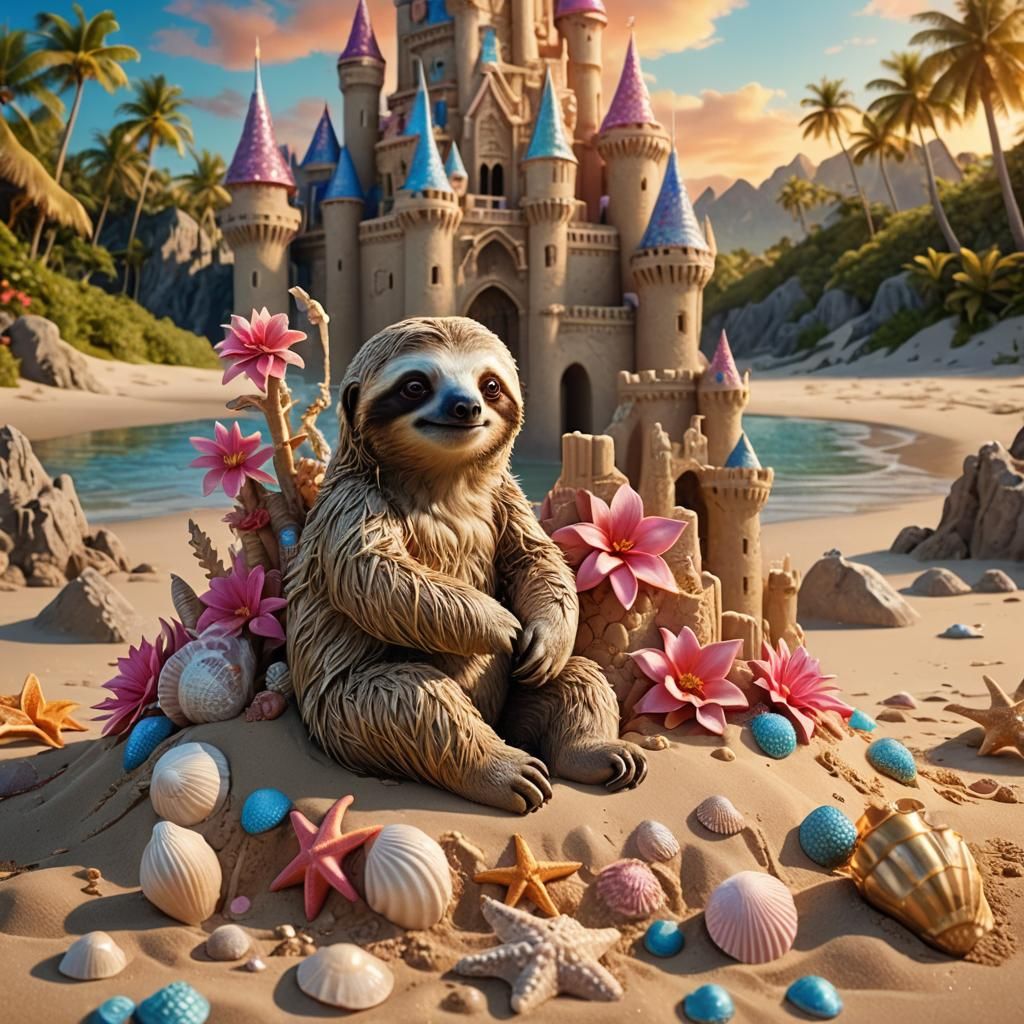 Sloth and Seashell Sandcastle in Matte Painting Style